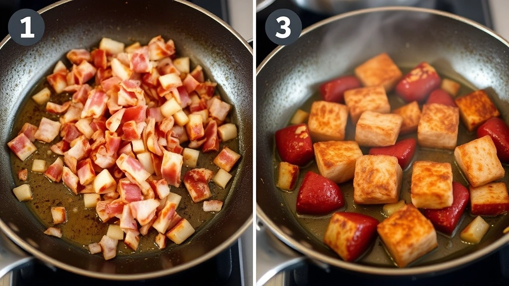 process: cooking discada step-by-step, bacon and chorizo crisping in skillet with rendered fat, golden brown meat visible, close kitchen lighting, dynamic cooking action captured, no text