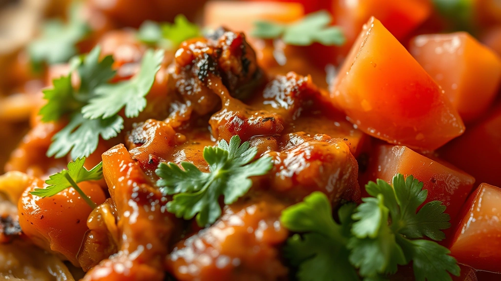 detail: close-up macro of finished discada, texture of caramelized meat edges, fresh cilantro leaves, diced tomatoes, lime juice drizzle, warm natural light, shallow depth of field, vibrant colors, no text