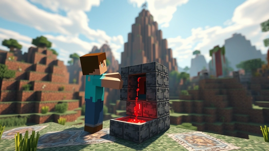 process: Minecraft player placing dispenser block in survival world, photorealistic 3D render, natural lighting, redstone activation, no text