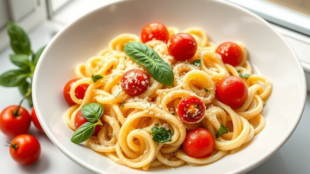hero: creamy ditalini pasta with cherry tomatoes and fresh basil, served in white bowl, photorealistic, natural window light, no text, elegant plating