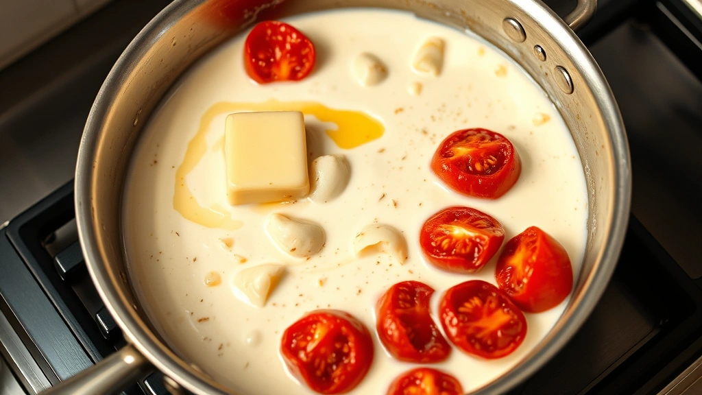 process: butter melting into cream sauce with garlic and blistered tomatoes in stainless steel skillet, photorealistic, warm kitchen light, no text