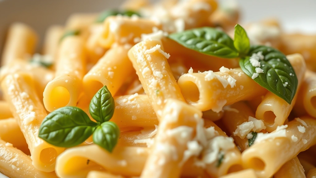 detail: close-up of ditalini pasta tubes coated in creamy sauce with Parmigiano-Reggiano cheese and basil garnish, photorealistic, natural light, no text, shallow depth of field