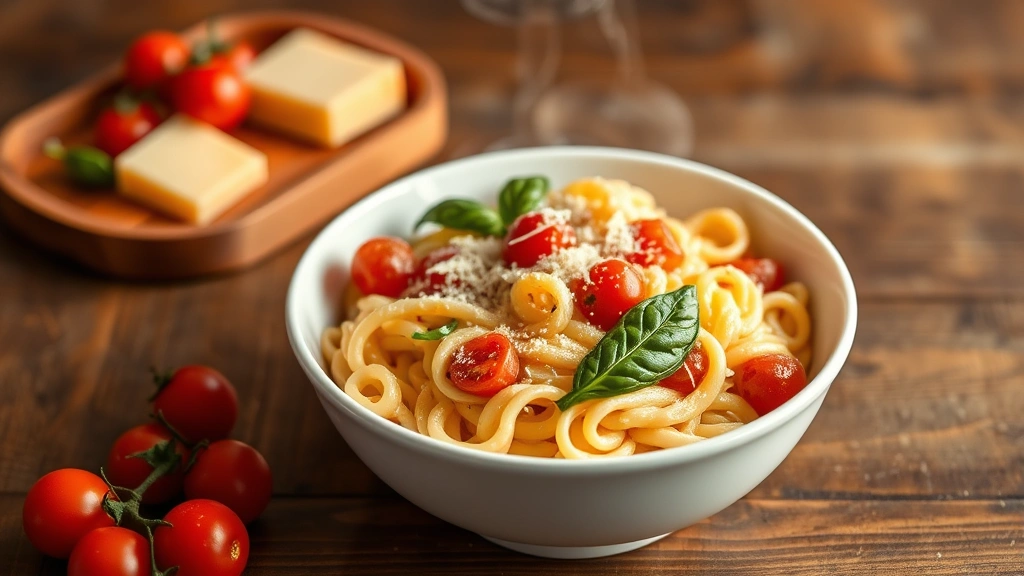 hero: creamy ditalini pasta with cherry tomatoes and fresh basil in a white ceramic bowl, garnished with Parmesan cheese, warm golden lighting from the side, steam rising gently, rustic wooden table background, photorealistic, natural light, no text