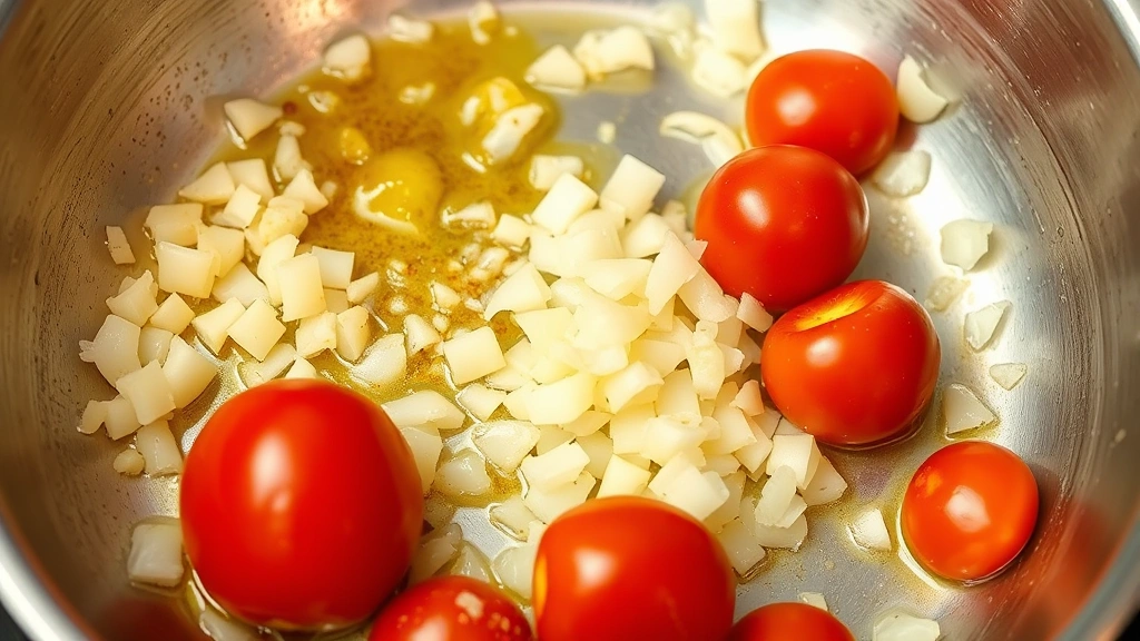 process: sautéing garlic and onions in butter in a stainless steel skillet, cherry tomatoes beginning to soften, golden and glossy, mid-cooking stage, photorealistic, natural light, no text