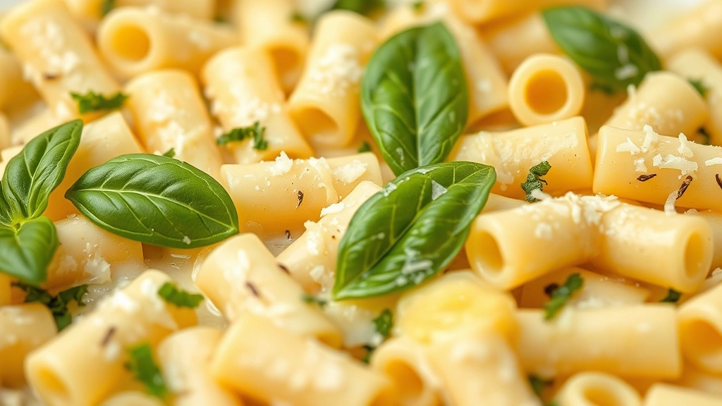 detail: close-up of creamy pasta sauce coating small ditalini tubes, fresh basil leaves scattered throughout, melted Parmesan cheese visible, shallow depth of field, photorealistic, natural light, no text