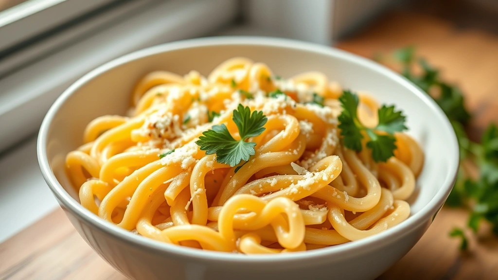hero: creamy ditalini pasta in a white bowl with fresh parmesan cheese and parsley garnish, soft natural window light, shallow depth of field, no text or watermarks