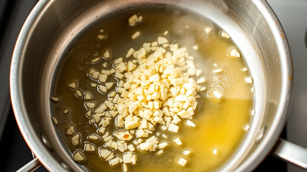 process: minced garlic sizzling in melted butter in a stainless steel skillet, steam rising, natural daylight from above, no text or watermarks