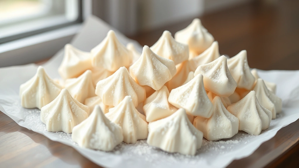 hero: homemade divinity candy pieces arranged on white parchment paper, creamy white color with perfect peaks and valleys, dusted with powdered sugar, natural daylight from window, shallow depth of field, no text or watermarks