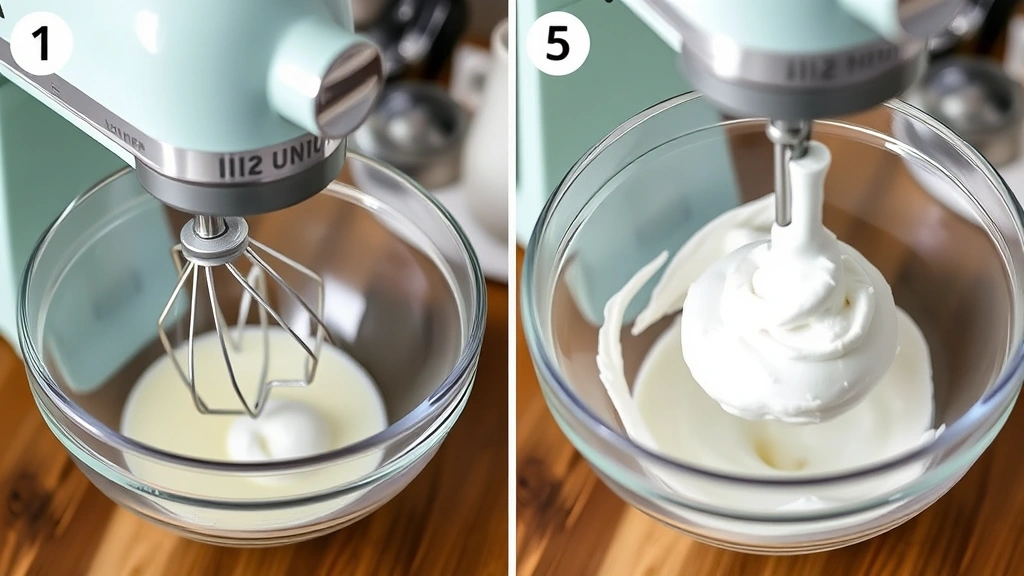 process: electric mixer beating egg whites to stiff peaks in glass bowl, close-up action shot, natural kitchen lighting, mixer beaters visible, no text or watermarks