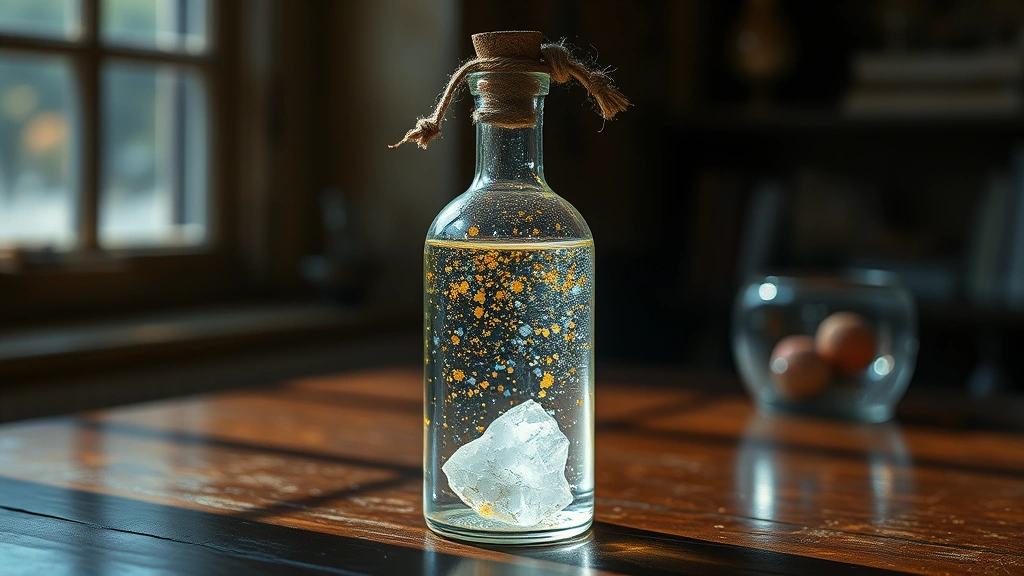 hero: glass potion bottle filled with luminescent holy water, gold and silver shimmer particles suspended throughout, clear quartz crystal at bottom, cork stopper with twine, ethereal glow effect, photorealistic, natural window light creating rainbow reflections, tabletop fantasy setting, no text