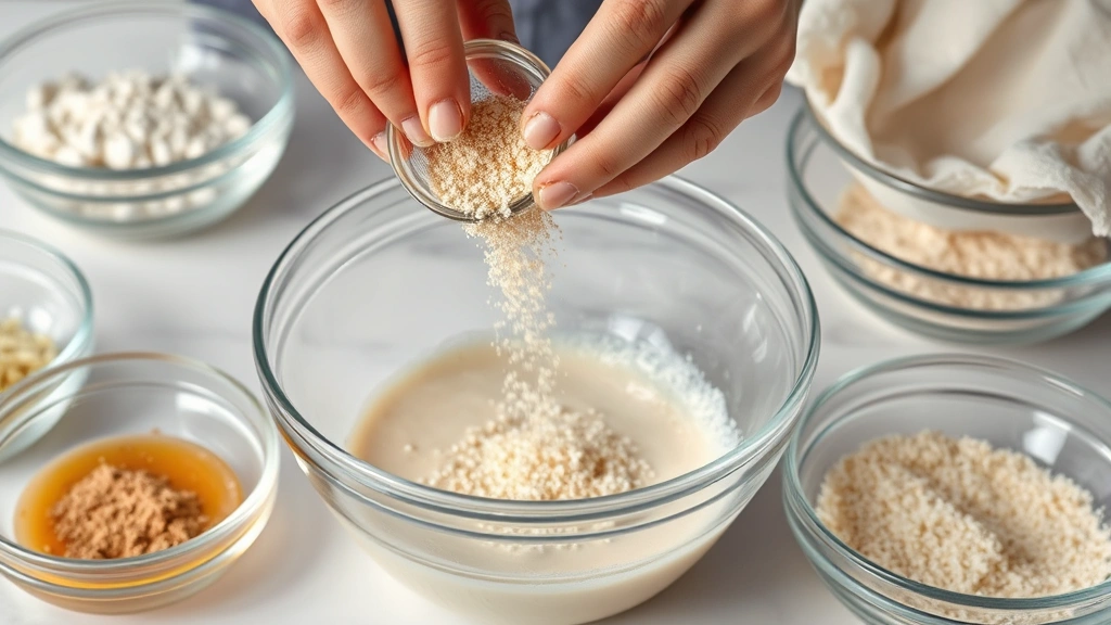 process: hands pouring edible pearl dust into clear mixture, swirling motion captured mid-action, cheesecloth strainer visible, multiple ingredient bowls arranged, photorealistic, warm natural lighting, close detail of shimmer particles in liquid, no text