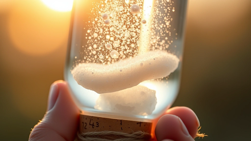 detail: close-up of holy water bottle held to light, pearl dust particles suspended and twinkling, quartz crystal visible at base, cork detail with twine wrapping, ethereal luminescence effect, photorealistic macro photography, golden hour light, no text