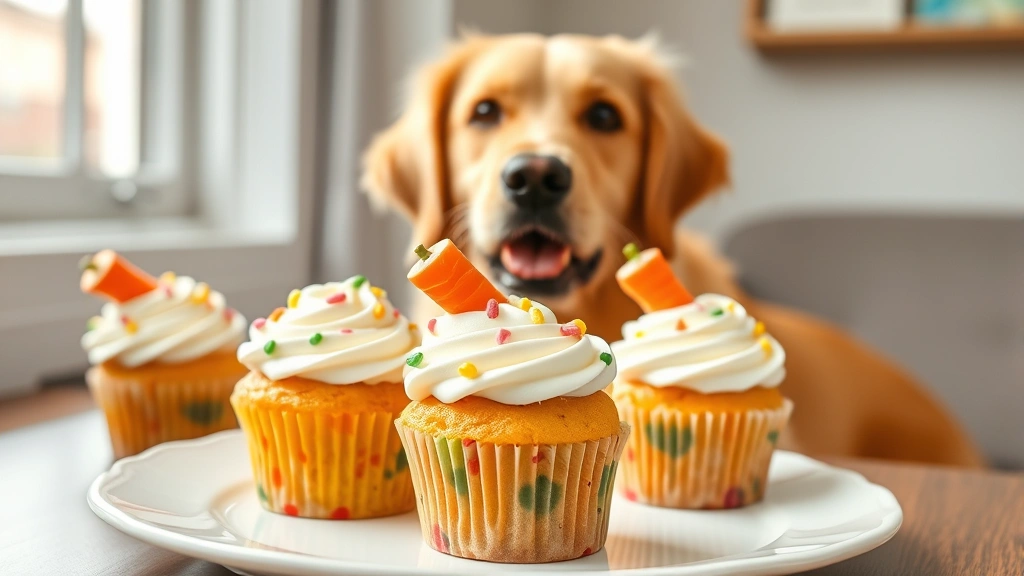 hero: colorful dog cupcakes with frosting and carrot garnish on a white plate, golden retriever in background looking excited, natural window light, bright and cheerful, photorealistic, no text