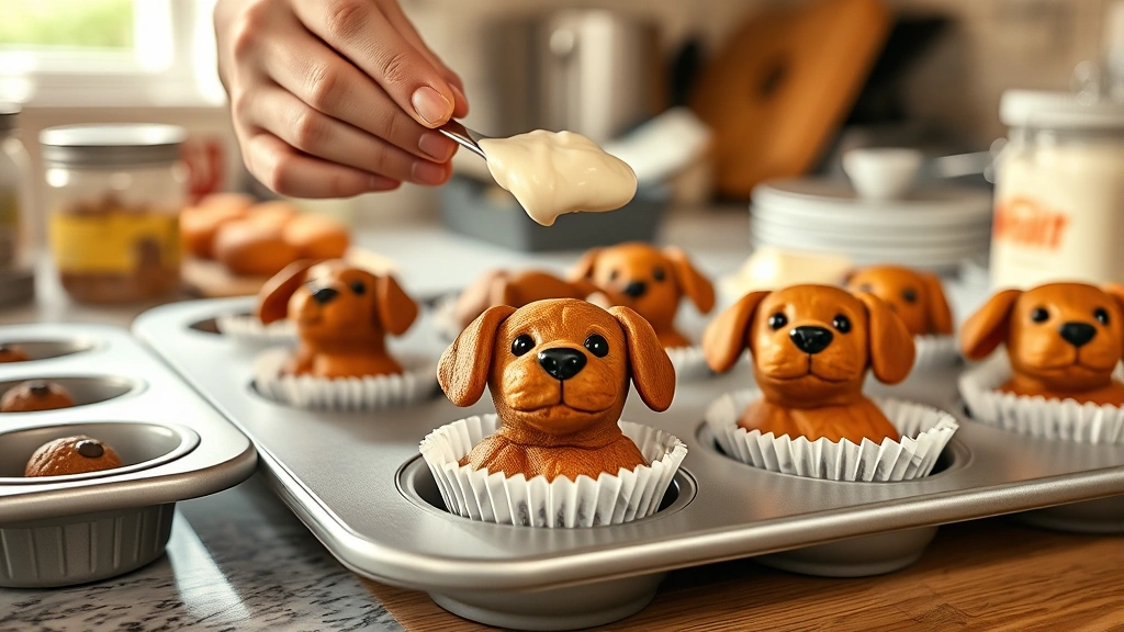 process: hands spooning frosting onto cooled dog cupcakes in muffin liner, kitchen counter setup with ingredients visible, warm natural light, photorealistic, no text