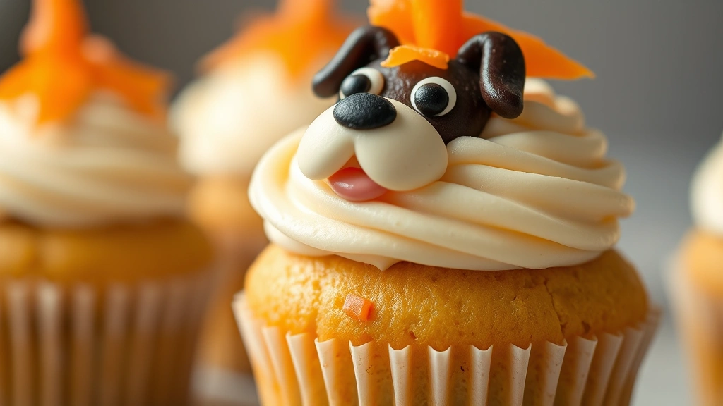 detail: close-up of single decorated dog cupcake with carrot shaving on top and creamy frosting, shallow depth of field, soft natural light, photorealistic, no text