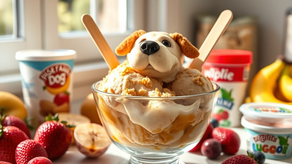 hero: frozen dog ice cream in a clear glass bowl with popsicle sticks, peanut butter and banana visible, golden-brown and creamy texture, surrounded by fresh fruit and yogurt containers, bright sunny kitchen window light, no text