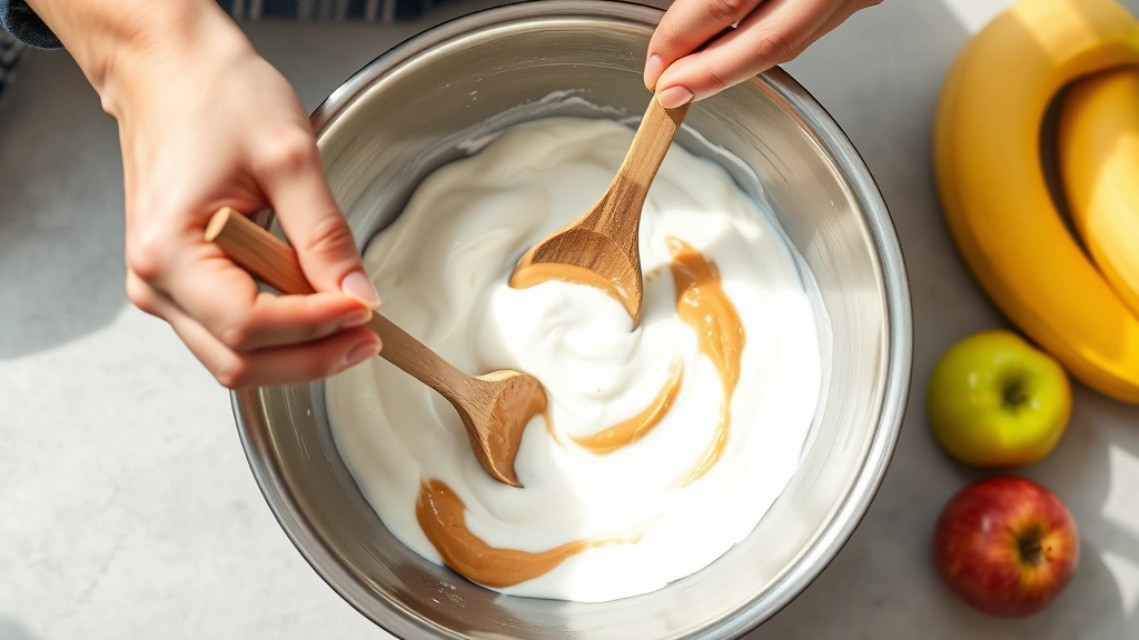 process: hands mixing Greek yogurt and peanut butter in a stainless steel bowl with a wooden spoon, fresh banana and applesauce nearby, bright natural daylight, no text