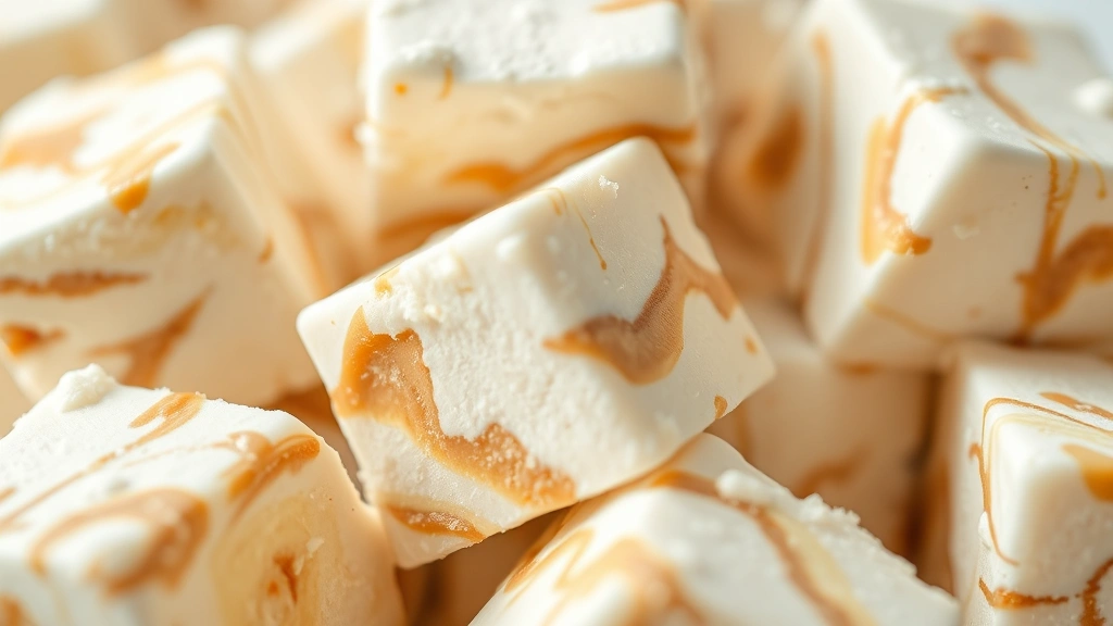 detail: close-up of frozen dog ice cream cubes with visible texture showing yogurt, peanut butter swirls, and banana pieces, extreme shallow depth of field, studio lighting, no text