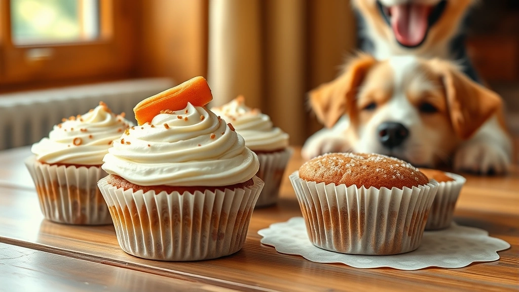 hero: adorable frosted doggie cakes in muffin liners, one cake decorated with carrot on top, sitting on a wooden surface with a happy dog partially visible, photorealistic, natural window light, no text