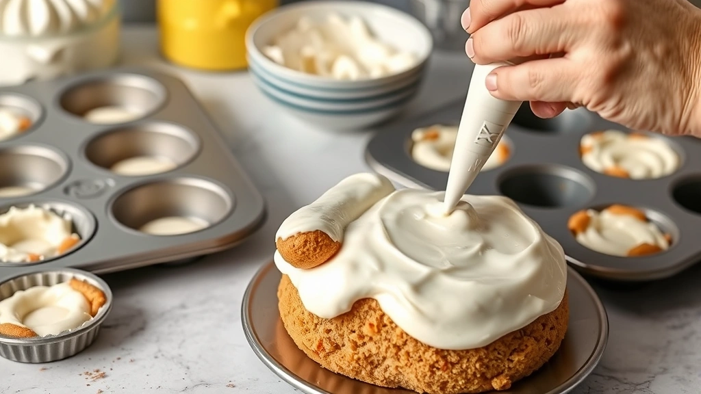 process: hands piping Greek yogurt frosting onto cooled dog cake, muffin tin with unfrosted cakes in background, baking ingredients visible, photorealistic, natural light, no text