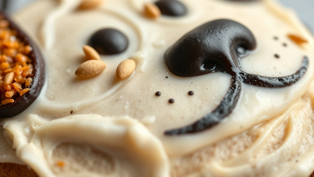 detail: close-up macro shot of frosted doggie cake showing texture and frosting detail, with a sprinkle of pumpkin seeds on top, photorealistic, natural daylight, no text