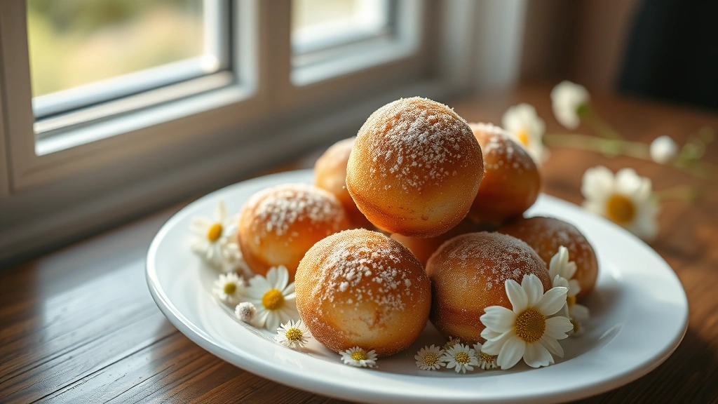 hero: golden-brown donut holes dusted with cinnamon sugar, arranged on a white plate with fresh flowers, warm natural morning light streaming through window, shallow depth of field