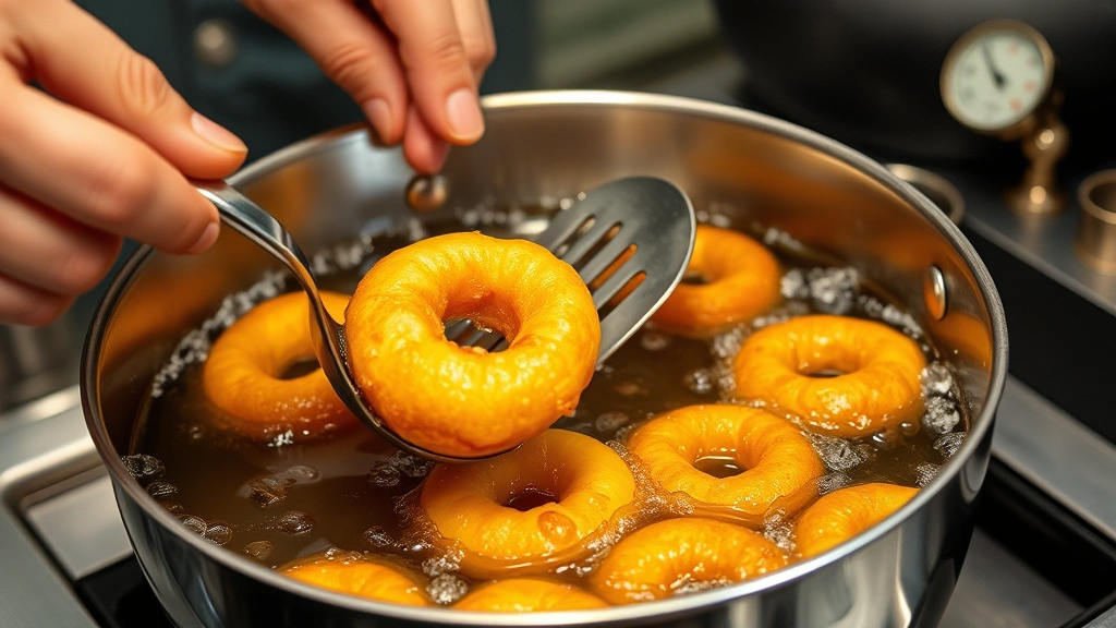 process: hands using slotted spoon to remove golden donut holes from bubbling oil in deep pan, oil temperature thermometer visible, professional kitchen lighting