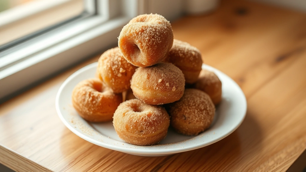 hero: golden-brown donut holes piled on white plate with cinnamon sugar coating, soft natural window light, shallow depth of field, warm tones, no text or branding