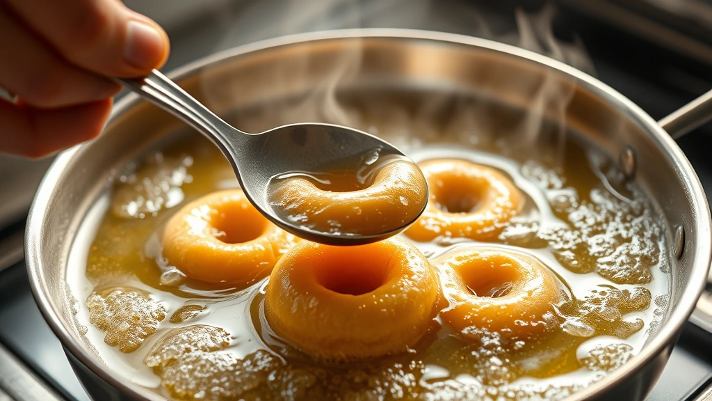 process: hand using slotted spoon to remove donut holes from bubbling hot oil, golden oil, steam rising, natural kitchen lighting, close perspective, no text