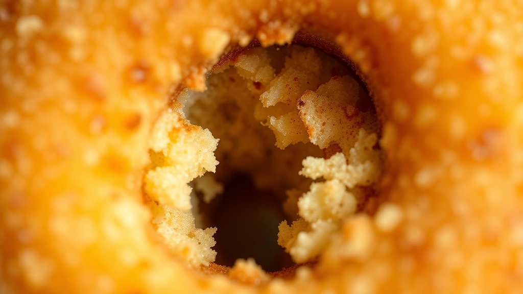 detail: close-up of single donut hole broken in half showing fluffy tender crumb interior, cinnamon sugar coating visible, soft natural light, macro photography, no text
