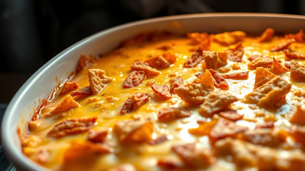 hero: golden-brown Dorito casserole fresh from oven, bubbling cheese sauce visible, Doritos crispy on top, served in white baking dish, natural window light, steam rising, appetizing close enough to see texture