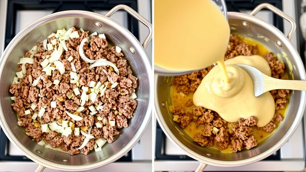 process: ground beef sizzling in skillet with onions, golden brown, creamy cheese sauce being poured over ingredients, wooden spoon visible, stainless steel cookware, bright kitchen lighting