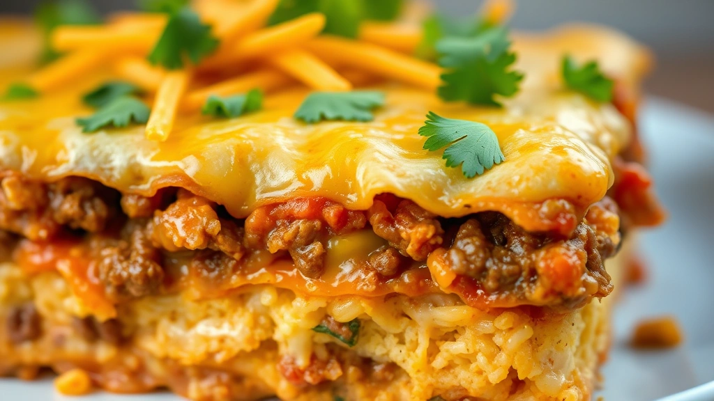 detail: close-up of casserole layers showing crushed Doritos, creamy beef mixture, melted cheese, and crispy Dorito top layer, fresh cilantro garnish, shallow depth of field highlighting texture and colors