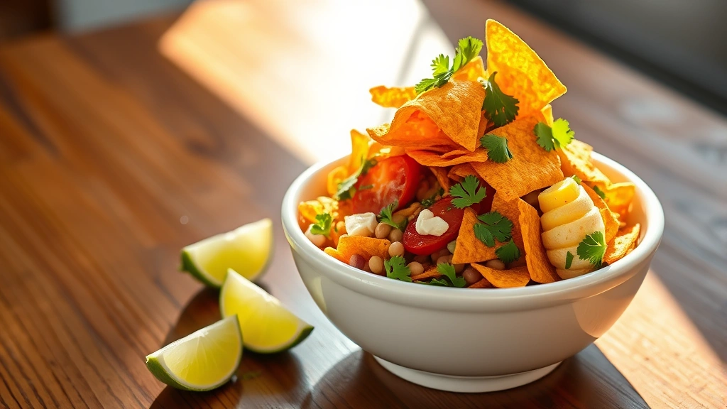 hero: vibrant Dorito taco salad in white ceramic bowl, golden Doritos piled on top, lime wedges and cilantro garnish, natural sunlight streaming across wooden table, fresh and appetizing presentation