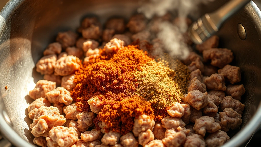 process: ground beef browning in stainless steel skillet with aromatic spices, steam rising, close-up of seasoning being added, warm golden color, natural kitchen lighting