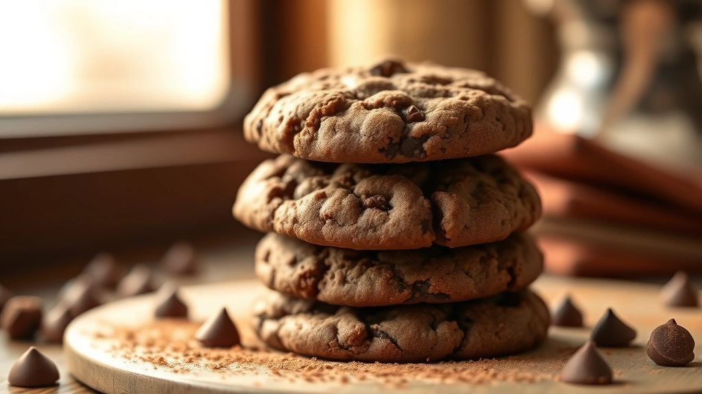 hero: stack of warm double chocolate cookies with visible chocolate chunks, dusted with cocoa powder, soft focus background, golden lighting from window, no text