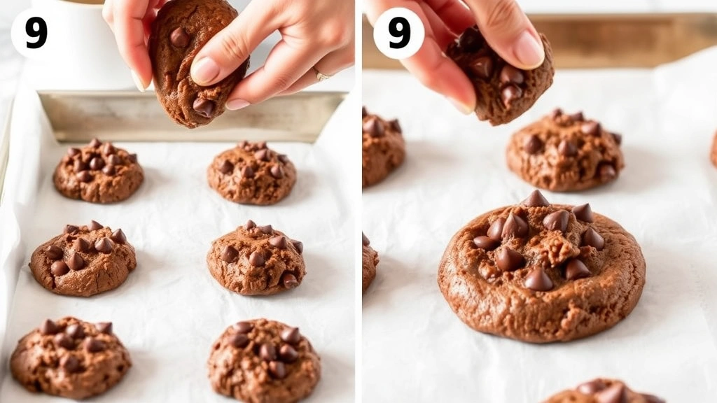 process: hands dropping chocolate cookie dough onto parchment-lined baking sheet, chocolate chips visible in dough, natural kitchen lighting, no text