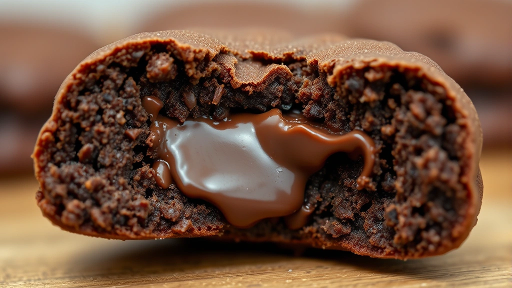 detail: close-up cross-section of single chocolate cookie showing chewy center and crispy edges, melted chocolate visible inside, shallow depth of field, no text