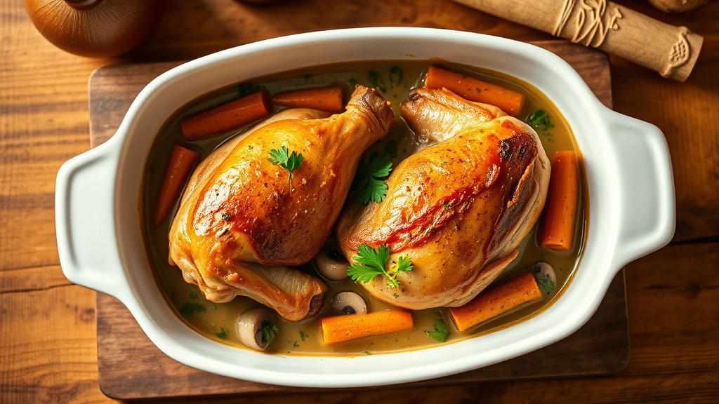 hero: finished dove casserole in white ceramic dish, golden-brown dove breasts in creamy mushroom sauce with carrots visible, fresh parsley garnish, steam rising, warm kitchen lighting, wooden table background, overhead shot