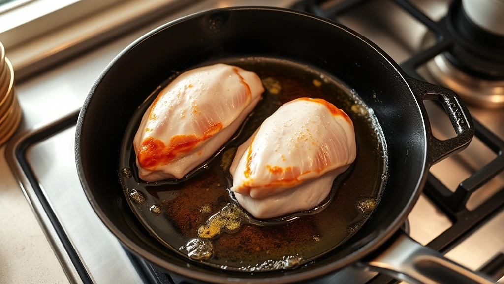 process: dove breasts searing in cast iron skillet, golden crust forming, butter foaming, professional cooking technique, stovetop scene, warm natural light from window