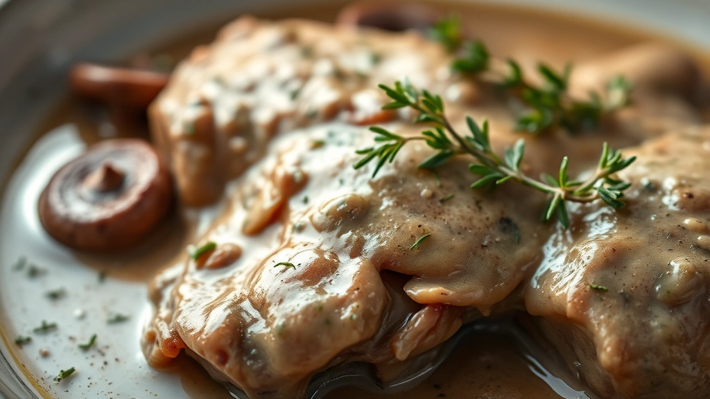 detail: close-up of dove meat in sauce, creamy mushroom sauce coating tender meat, fresh thyme garnish, shallow depth of field, warm lighting highlighting sauce texture