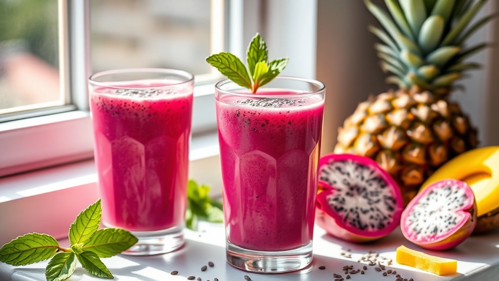 hero: two glasses of vibrant pink dragon fruit smoothie with frozen mango and coconut milk, topped with chia seeds and mint leaves, photographed in natural window light with tropical fruits scattered nearby