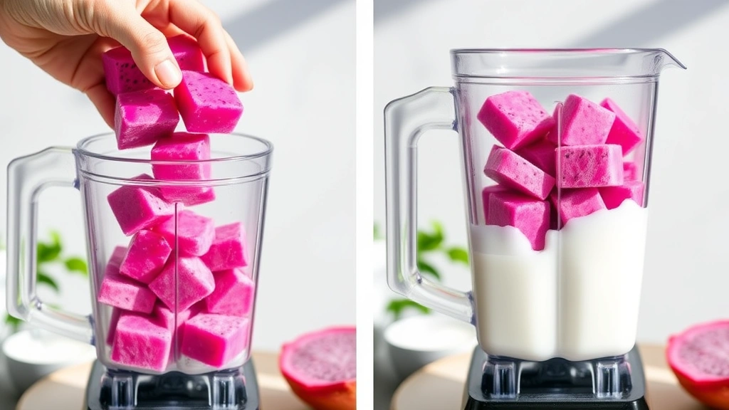 process: hand pouring frozen dragon fruit cubes into a clear blender with coconut milk and yogurt, mid-blend action captured in natural daylight