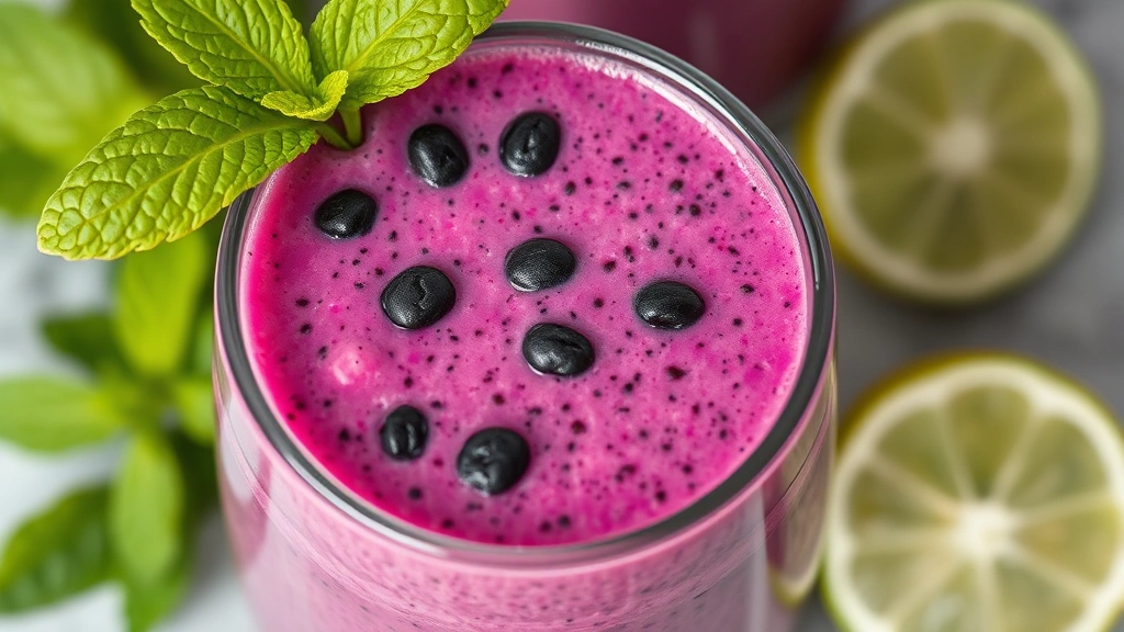 detail: close-up macro shot of the smoothie's texture showing black dragon fruit seeds and creamy consistency, with a fresh mint leaf and lime wheel beside it