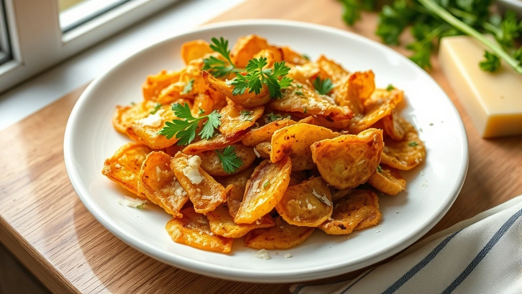 hero: golden-brown dried ghast on white plate with fresh parsley garnish, Parmigiano-Reggiano shavings, soft window light, overhead shot, preppy kitchen aesthetic