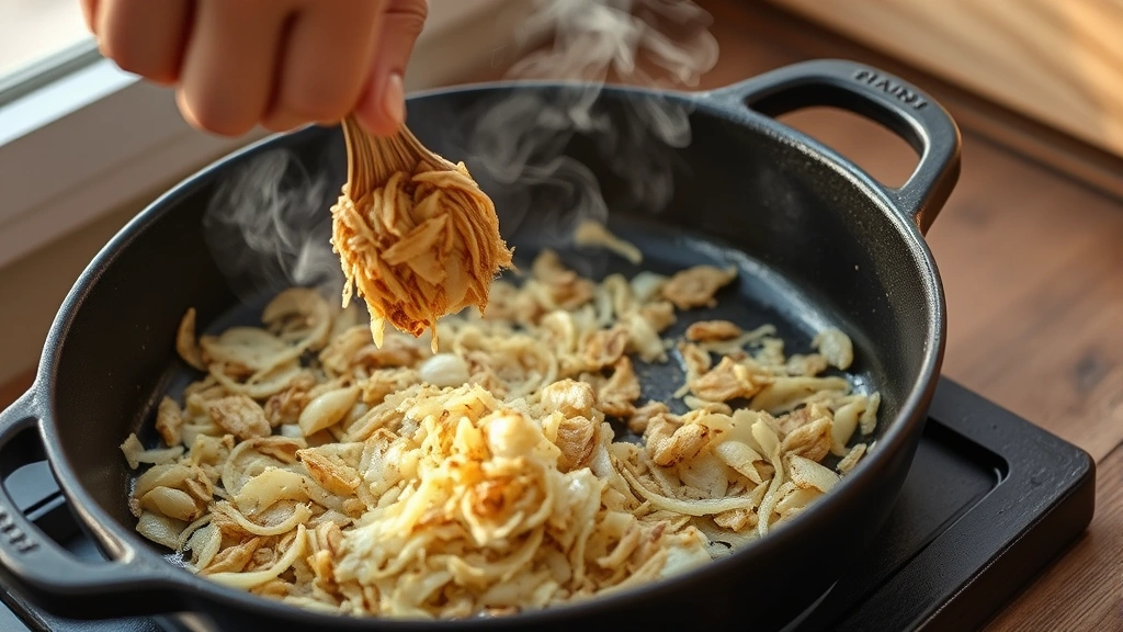 process: hand stirring cooked dried ghast in cast iron skillet with garlic and onion mixture, steam rising, natural daylight from side, warm tones