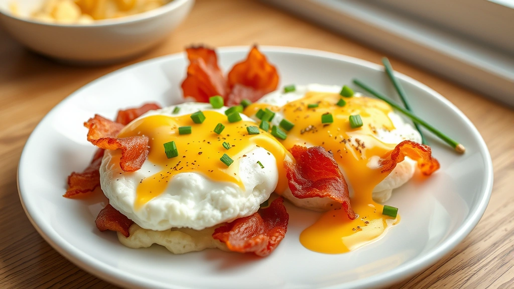 hero: creamy drug eggs on a white plate with crispy bacon, melted cheese, and fresh chives, photorealistic, natural window light, minimal styling, no text