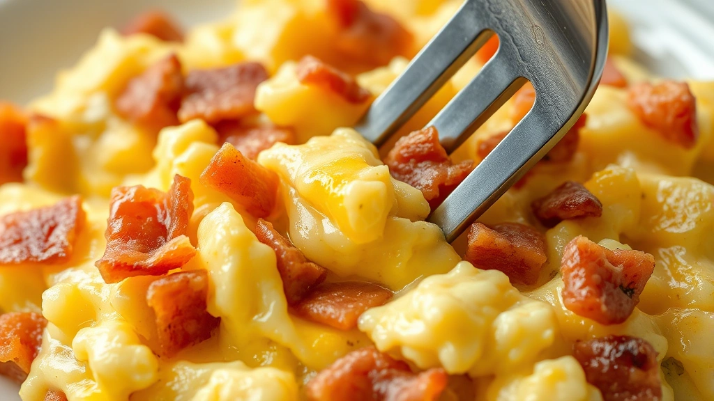 detail: close-up of creamy scrambled eggs with bacon pieces and melted cheese, fork cutting through, photorealistic, natural light, no text
