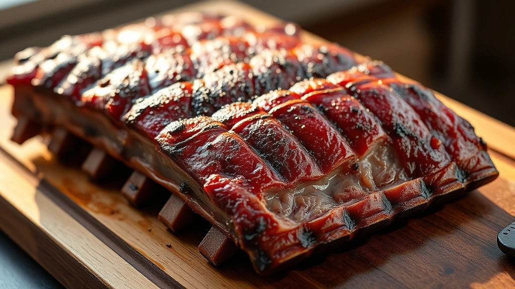 hero: perfectly cooked baby back ribs with caramelized bark, glistening with smoke ring, arranged on rustic wooden cutting board, golden afternoon light, shallow depth of field, no text or watermarks