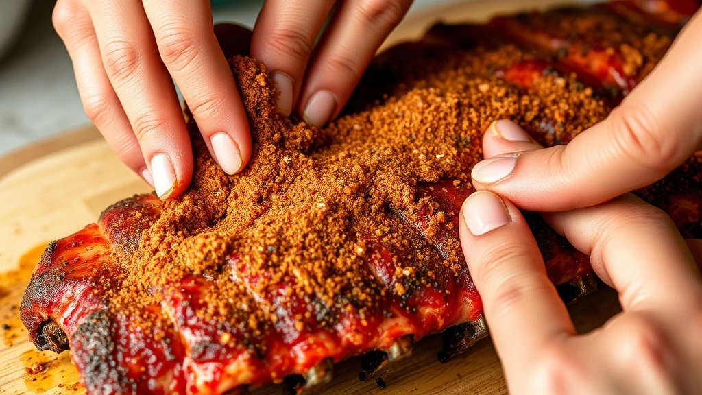 process: hands massaging dry rub spice mixture onto raw ribs, close-up of fingers working seasoning into meat, natural kitchen lighting, warm tones, no text or watermarks